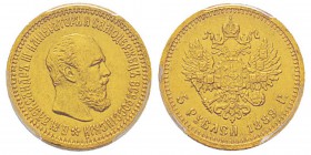 Russia, Alexandre III 1881-1894 5 Roubles 1889 AГ, AU 6.45 g. Ref : KM Y#42, Bitkin 35, Fr.168 Conservation : PCGS MS63+