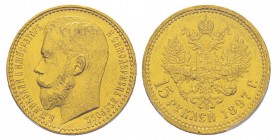 Russia, Nicolas II 1894-1917 15 roubles, Saint-Pétersbourg, 1897, AU 12.9 g. Ref : Y#65.1, Bitkin 1, Fried. 177 Conservation : PCGS MS63. Rare dans ce...