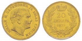 Serbia 20 Dinars, Paris, 1879 A, AU 6.45 g. 900‰ Ref : KM#14 Conservation : PCGS MS61