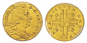 Sweden, Frederik I 1720-1751 1/4 Ducat, 1733, AU 0.87 g. Ref : KM#417, Fr.60 Conservation : PCGS MS62