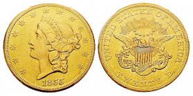 USA 20 Dollars, San Francisco, 1855 S, AU 33.43 g. Ref : KM#74.1, Fr.172 Conservation : PCGS Genuine Smoothed - AU Details
