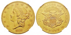USA 20 Dollars, Philadelphie, 1857, AU 33.43 g. Ref : KM#74.1, Fr.169 Conservation : NGC AU55