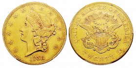 USA 20 Dollars, Philadelphie, 1858, AU 33.43 g. Ref : KM#74.1, Fr.169 Conservation : PCGS AU53