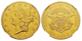 USA 20 Dollars, New Orleans, 1858 O, AU 33.43 g. Ref : KM#74.1, Fr.171 Conservation : NGC AU55