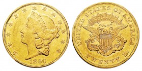 USA 20 Dollars, Philadelphie, 1860, AU 33.43 g. Ref : KM#74.1, Fr.169 Conservation : PCGS AU58