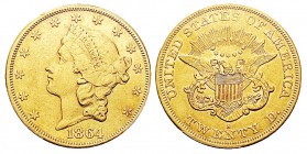 USA 20 Dollars, San Francisco, 1864 S, AU 33.43 g. Ref : KM#A74.1, Fr.172 Conservation : PCGS Genuine Cleaning - AU Details