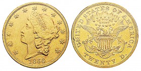 USA 20 Dollars, Philadelphie, 1866, AU 33.43 g. Ref : KM#74.2, Fr.174 Conservation : PCGS Genuine Tooled - AU Details Motto