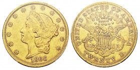 USA 20 Dollars, San Francisco, 1866 S, AU 33.43 g. Ref : KM#74.2, Fr.175 Conservation : PCGS XF45 Motto