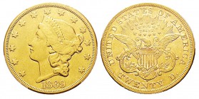 USA 20 Dollars, San Francisco, 1869 S, AU 33.43 g. Ref : KM#74.2, Fr.175 Conservation : PCGS Genuine Smoothed - AU Details