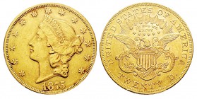 USA 20 Dollars, Philadelphie, 1875, AU 33.43 g. Ref : KM#74.2, Fr.174 Conservation : PCGS Genuine Cleaning - UNC Details