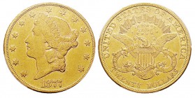 USA 20 Dollars, Philadelphie, 1877, AU 33.43 g. Ref : KM#74.3, Fr.177 Conservation : PCGS Genuine Cleaning - AU Details