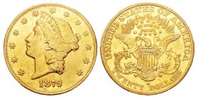 USA 20 Dollars, New Orleans, 1879 O, AU 33.43 g. Ref : KM#74.3, Fr.- Conservation : PCGS Genuine Repaired - AU Details Quantité : 2325 ex. Rarissime.