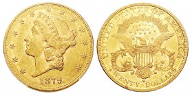 USA 20 Dollars, San Francisco, 1879 S, AU 33.43 g. Ref : KM#74.3, Fr.178 Conservation : PCGS AU58
