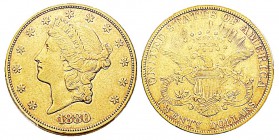 USA 20 Dollars, Philadelphie, 1880, AU 33.43 g. Ref : KM#74.3, Fr.177 Conservation : PCGS AU50