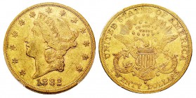 USA 20 Dollars, San Francisco, 1882 S, AU 33.43 g. Ref : KM#74.3, Fr.178 Conservation : PCGS AU50