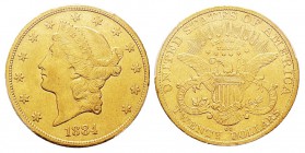 USA 20 Dollars, Carson City, 1884 CC, AU 33.43 g. Ref : KM#74.3, Fr.179 Conservation : PCGS XF45