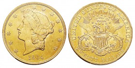 USA 20 Dollars, Philadelphie, 1904, AU 33.43 g. Ref : KM#74.3, Fr.177 Conservation : NGC MS 62 PROOFLIKE
