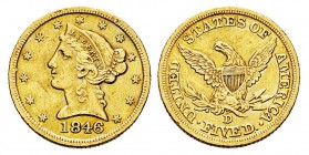 USA 5 Dollars, Dahlonega, 1846 D, AU 8.28 g. Ref : KM#69 Fr.140 Conservation : TTB. Petit coup sur la tranche à 10 heures à l'avers, léger nettoyage....