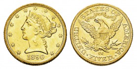 USA 5 Dollars, Carson City, 1890 CC, AU 8.34 g. Ref : KM#101, Fr.146 Conservation : nettoyée sinon pr.Superbe.