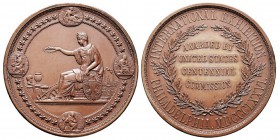 USA Médaille, Exposition de Philadelphie, 1876, bronze 266 g. 75.3mm Avers : L'Amérique assise à gauche couronnant les Arts et l'Industrie, couronne d...