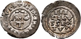 Ancona. Enrico VI di Svevia, 1190-1197. Denaro imperiale, zecca incerta nelle Marche, AR 0,70 g. + REX ROMANORVM nel campo A G / T con segno di abbrev...