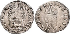Ancona. Marcello II (Marcello Cervini), 9 aprile – 1 maggio 1555. Giulio, AR 3,11 g. MARCEL II – PONT MAX Stemma sormontato da triregno e chiavi decus...