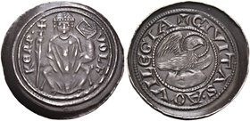 Aquileia. Volchero, 1204-1218. Denaro (1209?), AR 1,09 g. + VOLF – KER P Il patriarca, seduto in faldistorio, con mitria e pianeta ornata, regge con l...