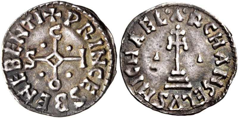 Benevento. Sicardo principe, 832-839. Denaro, AR 1,24 g. PRINCES BENEBENTI Monog...