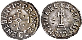 Benevento. Sicardo principe, 832-839. Denaro, AR 1,24 g. PRINCES BENEBENTI Monogramma di Sicardo. Rv. ARCHANGELVS MICHAEL Croce potenziata su tre grad...