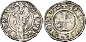 Berignone. Ranieri III Belforti, 1301-1321. Grosso da 20 denari, AR 1,55 g. + EP RA – NERIVS Il vescovo, mitrato e nimbato, stante di fronte con pasto...