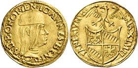 Bologna. Giovanni II Bentivoglio, 1494-1509. Ducato, AV 3,42 g. IOANNES BENTIVOLVS II BONONIEN Busto a d. con berretto. Rv. MAXIMILI – ANI MVNVS Stemm...