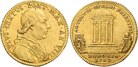 Bologna. Pio VI (Giovanni Angelo Braschi), 1775-1799. Zecchino anno VIII/1782, AV 3,40 g. PIVS·VI·PONT·MAX·AN·VIII· Busto a d. con camauro, berrettino...