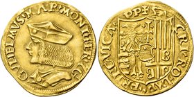 Casale. Guglielmo II Peleologo, 1494-1518. Doppio ducato, AV 6,89 g. GVLIELMVS’ MAR’ MONT’ FER’ ZC. Busto a s., con berretto. Rv. + SA – CRI’ RO’ IMP’...