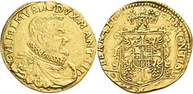 Casale. Guglielmo Gonzaga, 1566-1587. Da 2 doppie 1580, AV 13,27 g. GVLIELMVS D G DVX MANT III Busto a d., corazzato e paludato con colletto alla spag...