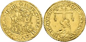 Ferrara. Ercole II d’Este, 1534-1559. Scudo del sole, AV 3,35 g. Sole raggiante HERCVLES II DVX FERRARIE IIII Stemma a targa coronato. Rv: IN TE QVI S...