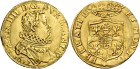 Mantova. Francesco IV Gonzaga, febbraio – dicembre 1612. Doppia 1612, AV 6,38 g. FRAN IIII D G DVX MANT V Busto con colletto alla spagnola a d.; sotto...