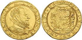 Massa di Lunigiana. Alberico I Cybo Malaspina, 1559-1623. II periodo: Principe 1568-1623. Da 2 doppie o quadrupla 1593, AV 13,13 g. MALASPIN A * ALBER...
