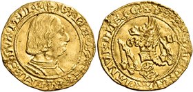 Milano. Galeazzo Maria Sforza, 1466-1476. Ducato, AV 3,48 g. Testina di S. Ambrogio GZ MA SF VICECOMES DVX MLI V Busto corazzato a d. Rv. Biscia PAPIE...