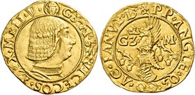 Milano. Galeazzo Maria Sforza, 1466-1476. Ducato, AV 3,49 g. Testina di S. Ambrogio G3 ž M ž SF ž VICECOS ž DVX ž MLI ž V ž Busto corazzato a d. Rv: +...
