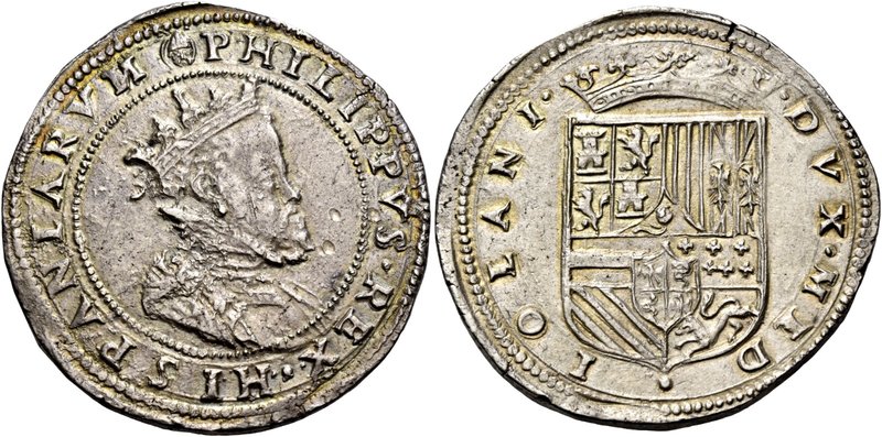 Milano. Filippo II di Spagna, 1556-1598. Mezzo scudo, AR 17,32 g. Testina di S. ...