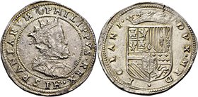 Milano. Filippo II di Spagna, 1556-1598. Mezzo scudo, AR 17,32 g. Testina di S. Ambrogio PHILIPPVS REX HISPANIARVM Busto coronato e corazzato a d. Rv....
