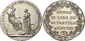 Milano. Repubblica Cisalpina, 1800-1802. Scudo da 6 lire anno VIII (1800). Pagani 8.
Fondi speculari, q.Fdc

La moneta venne emessa per celebrare l...