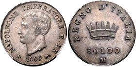 Milano. Napoleone I re d’Italia, 1805-1814. Soldo 1809. Pagani 74. MIR 485/3.
In slab PCGS MS64BN. Fdc
