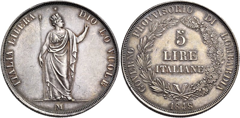 Milano. Governo provvisorio di Lombardia, 1848. Da 5 lire 1848. Pagani 213. MIR ...
