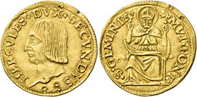 Modena. Ercole I d’Este, 1471-1505. Ducato, AV 3,47 g. HERCVLES DVX SECVNDVS Testa a s. Rv. S GEMINIA – MVT PONT San Geminiano, seduto di fronte, bene...