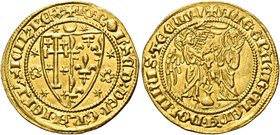Napoli. Carlo II d’Angiò, 1285-1309. Saluto, AV 4,38 g. + KAROL’ SCD DEI GRA IERL’ M SICIL REX Stemma bipartito di Gerusalemme e Angiò, circondato da ...