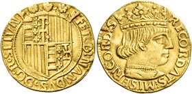Napoli. Ferdinando I d’Aragona, 1458-1494. Ducato, dal 1458 al 1472, AV 3,45 g. FERDINANDVS D G R S I I VN Stemma coronato, inquartato di Napoli (Ungh...