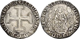 Napoli. Ferdinando I d’Aragona, 1458-1494. Coronato, AR 3,80 g. FERDINANDVS:D.G.R.SICILIE.I:V: Croce potenziata; sotto, M gotica (Salvatore Miroballo,...