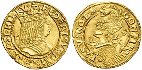 Napoli. Federico III d’Aragona, 1496-1501. Ducato, AV 3,49 g. · FEDERICVS : DEI : G : REX : SI : HIERV Busto coronato e corazzato a d.; dietro T (Gian...