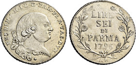 Parma. Fernando I di Borbone, 1765-1802. Da 6 lire 1796, AR 7,32 g. FERDIN I H I D G PAR PLA VAS DVX Testa a d.; sotto, stella. Rv. LIRE / SEI / DI / ...